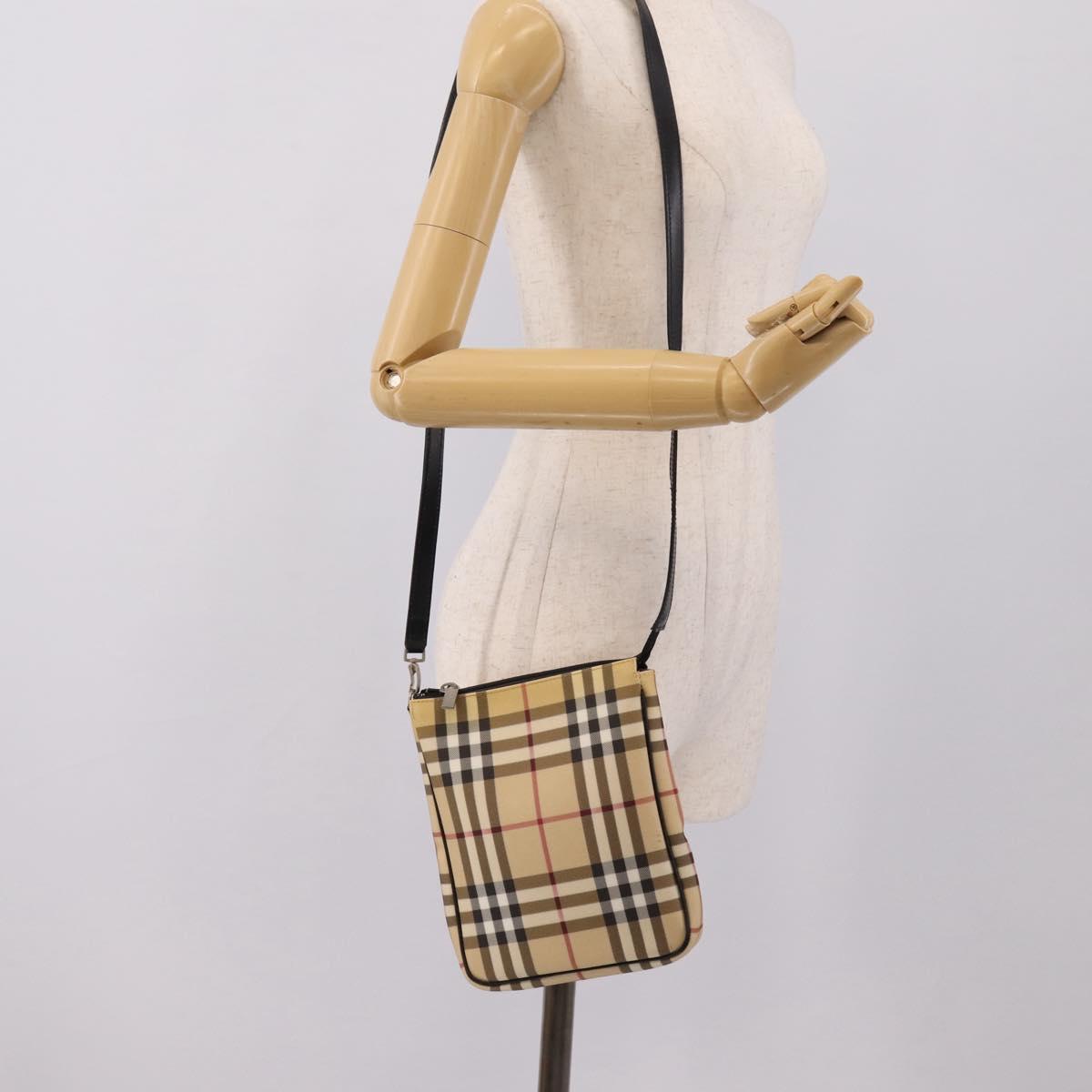BURBERRY Nova Check Shoulder Bag PVC Leather Beige Silver Auth ka6746