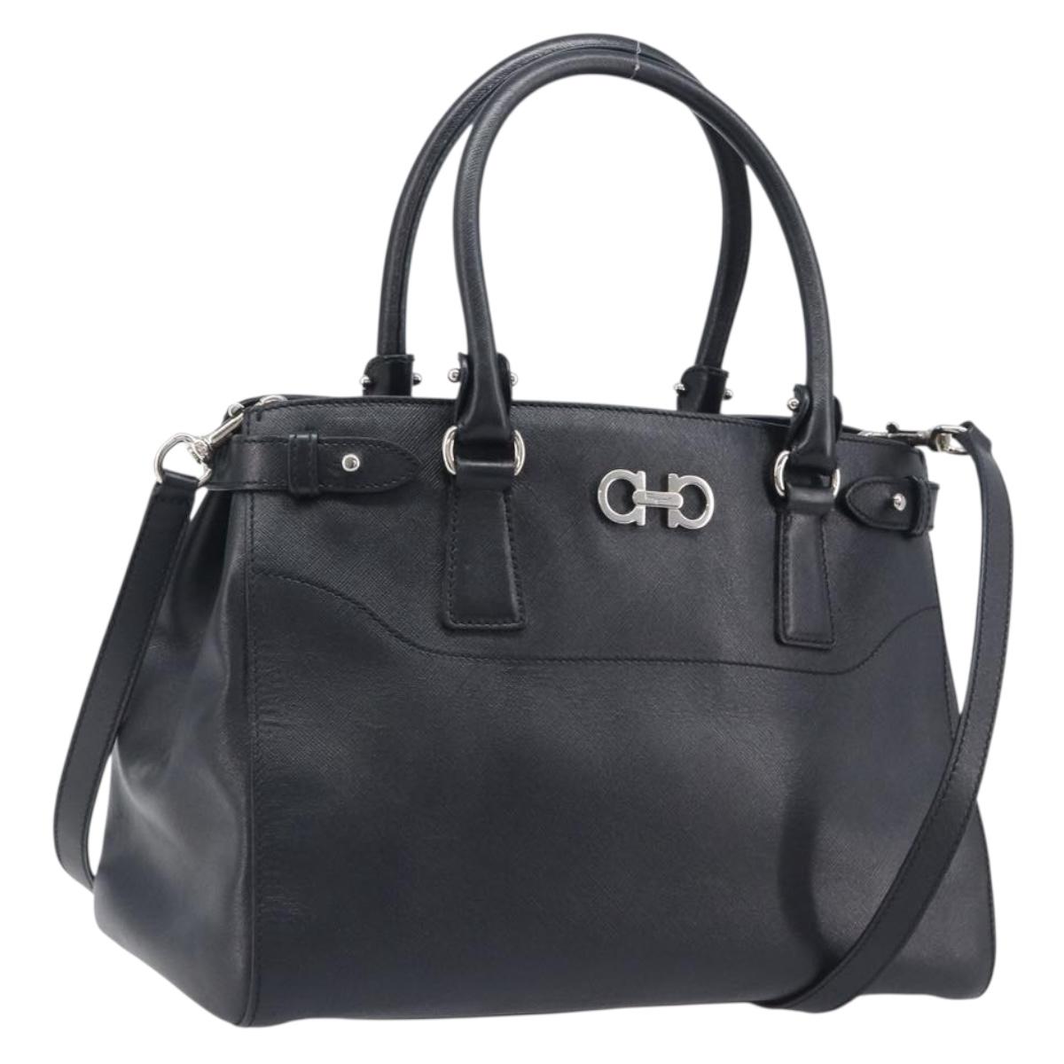 Salvatore Ferragamo Gancini Hand Bag Leather Black Silver Auth ka6755