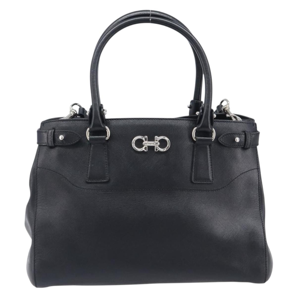 Salvatore Ferragamo Gancini Hand Bag Leather Black Silver Auth ka6755