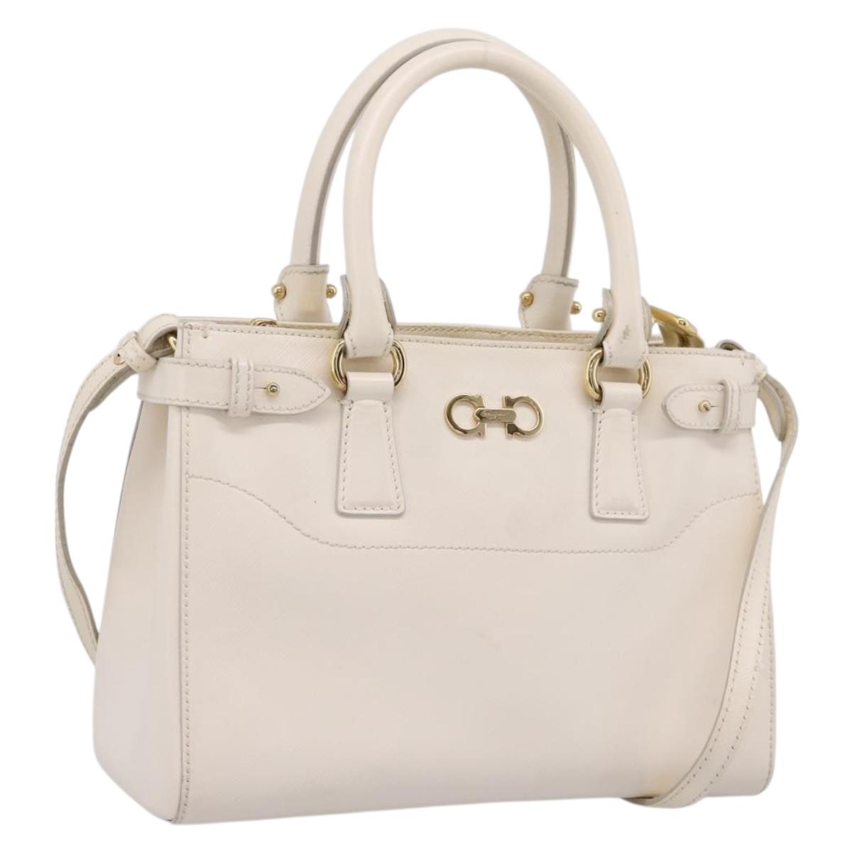 Salvatore Ferragamo Gancini Hand Bag Leather 2way White Gold Tone Auth ka6758