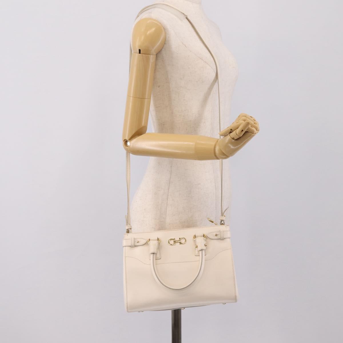 Salvatore Ferragamo Gancini Hand Bag Leather 2way White Gold Tone Auth ka6758