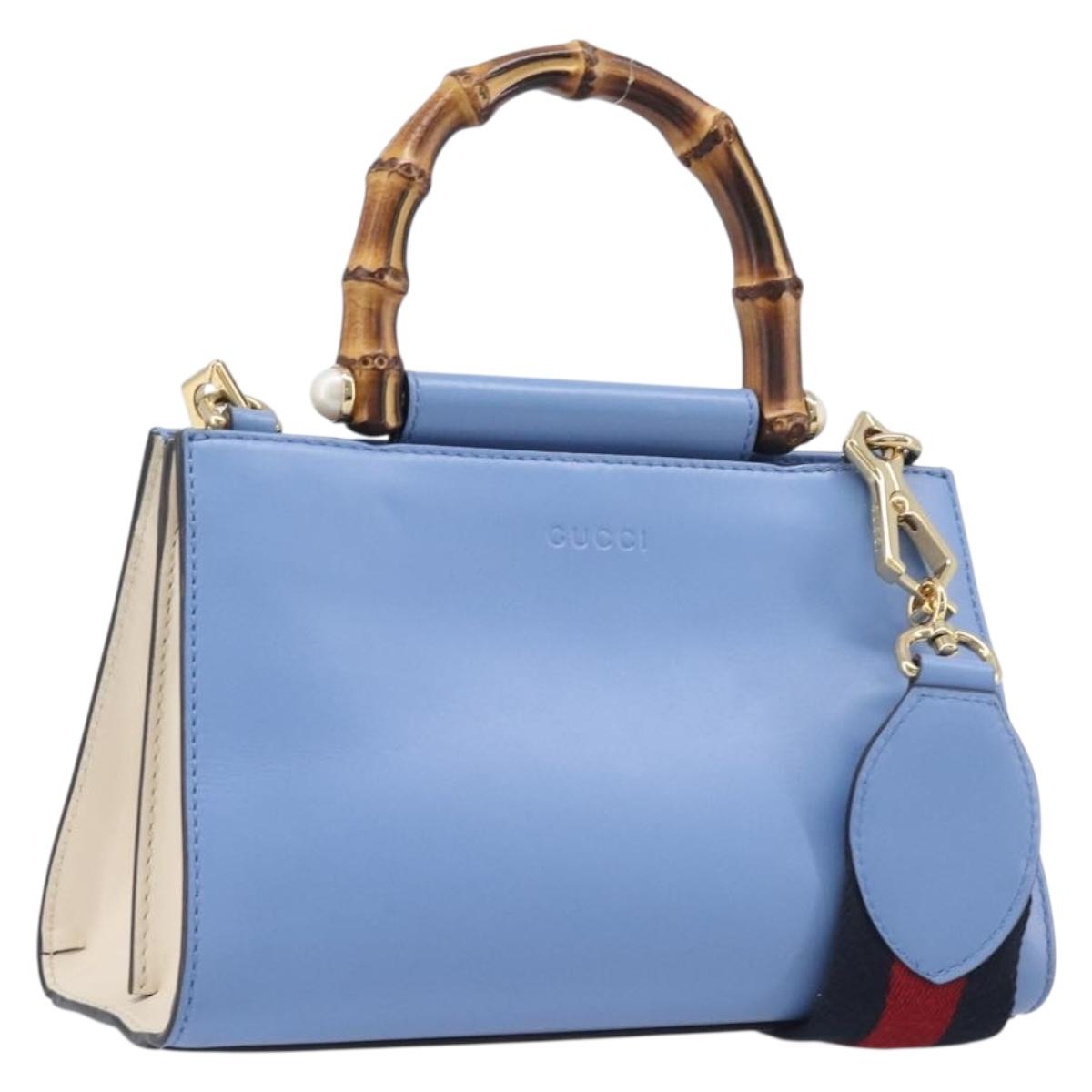 GUCCI Sherry Line Bamboo Hand Bag Leather 2way Blue Gold 470271 Auth ka6759A