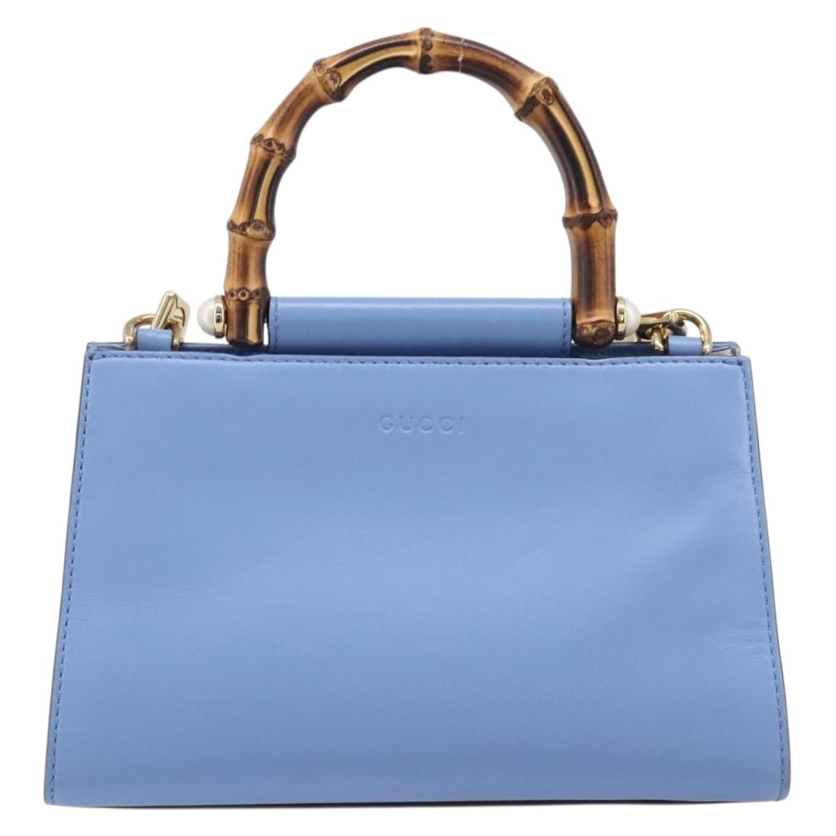 GUCCI Sherry Line Bamboo Hand Bag Leather 2way Blue Gold 470271 Auth ka6759A