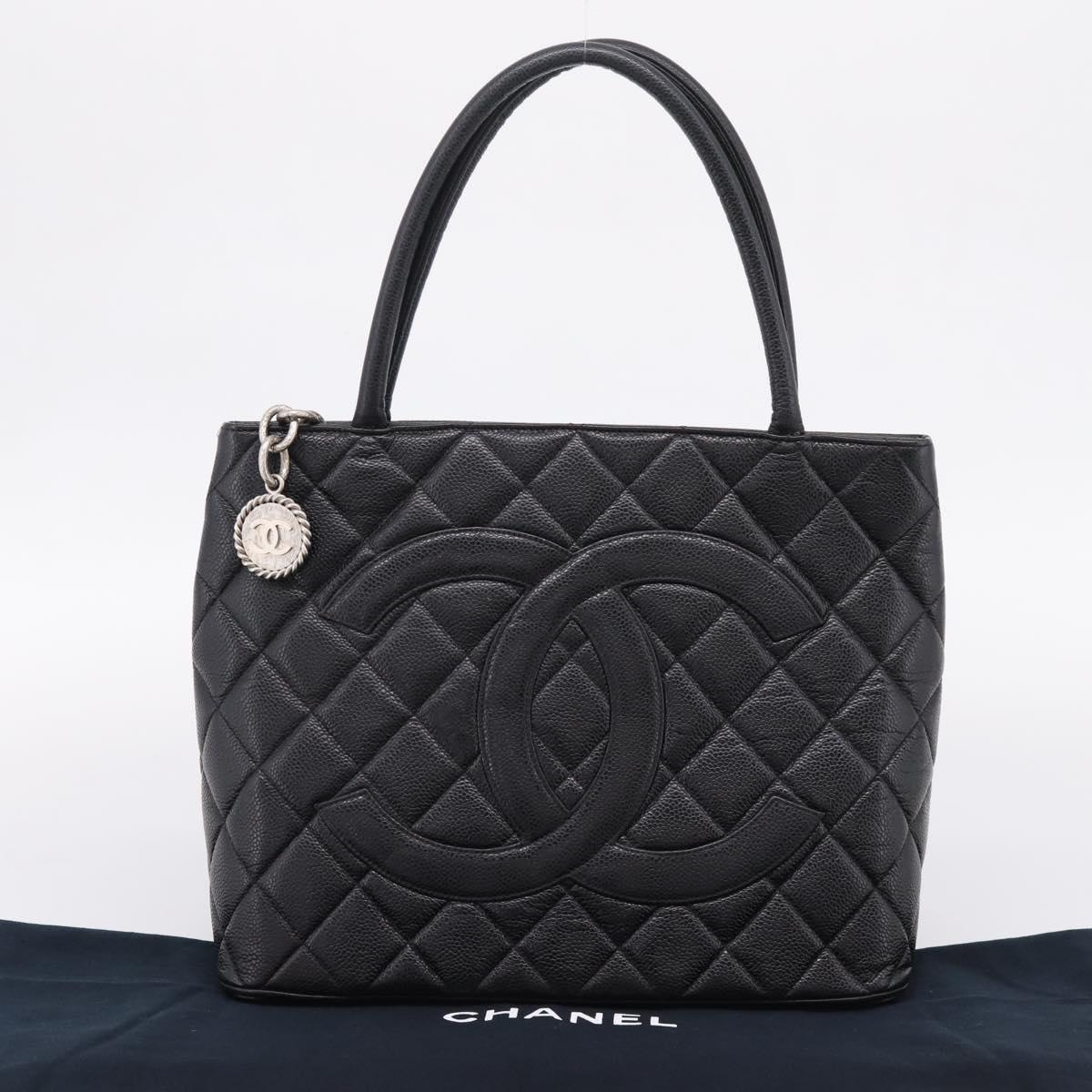 CHANEL Standard Tote Bag Caviar Skin Black Silver CC Auth ka6766V