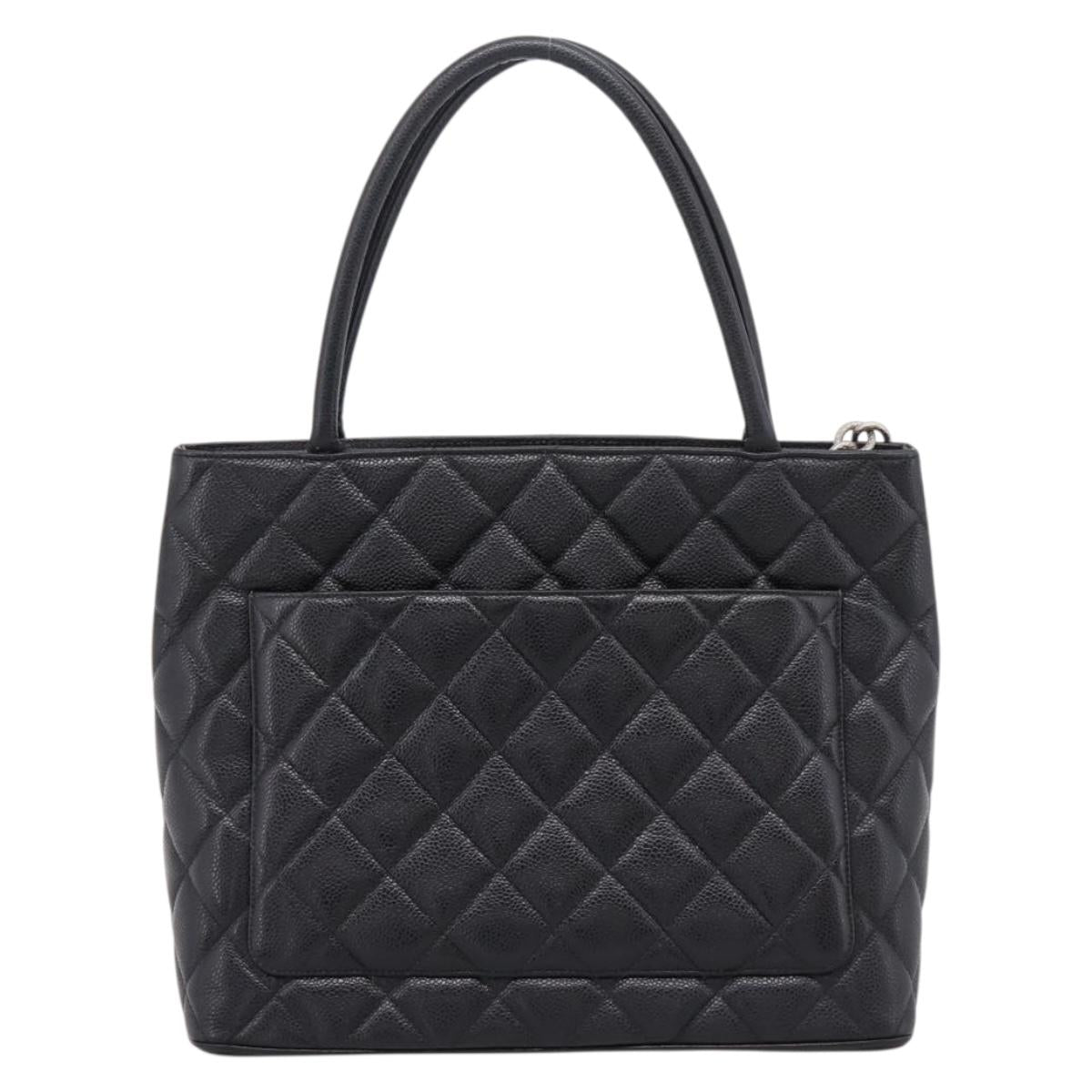 CHANEL Standard Tote Bag Caviar Skin Black Silver CC Auth ka6766V