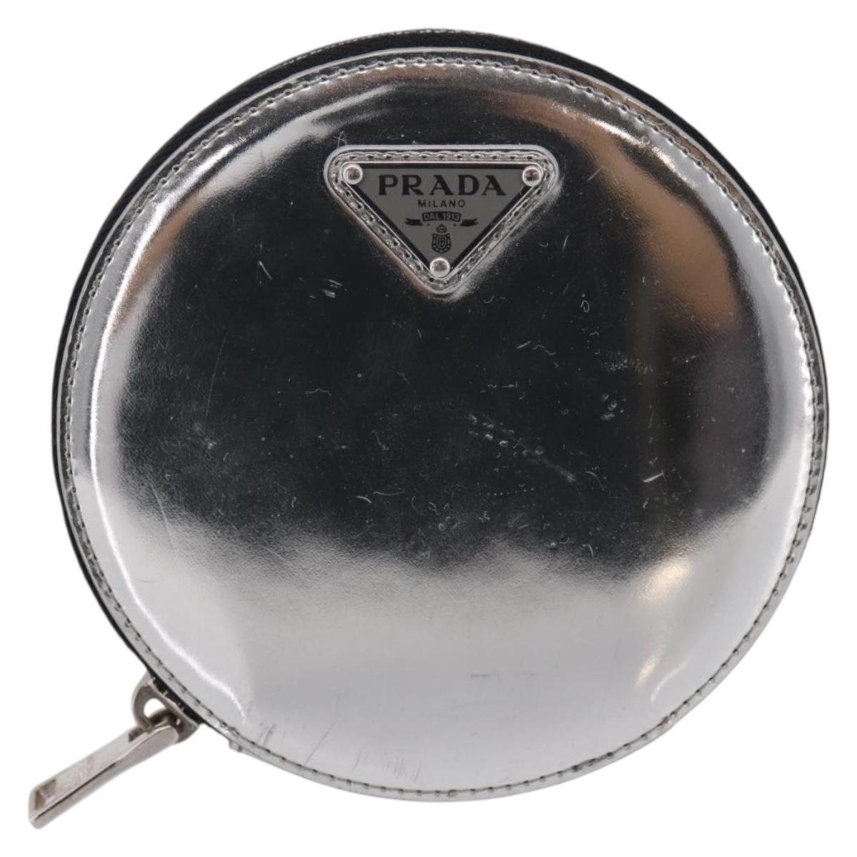 PRADA Chain Shoulder Coin Purse Leather Silver Auth ka6773A