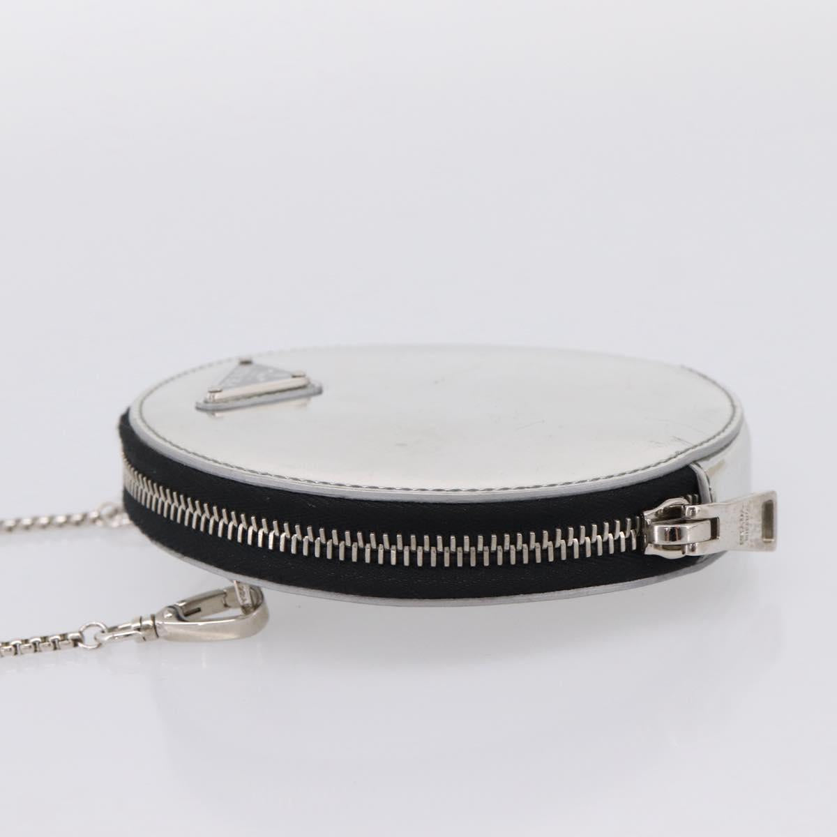 PRADA Chain Shoulder Coin Purse Leather Silver Auth ka6773A