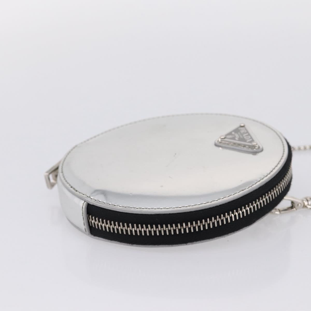 PRADA Chain Shoulder Coin Purse Leather Silver Auth ka6773A