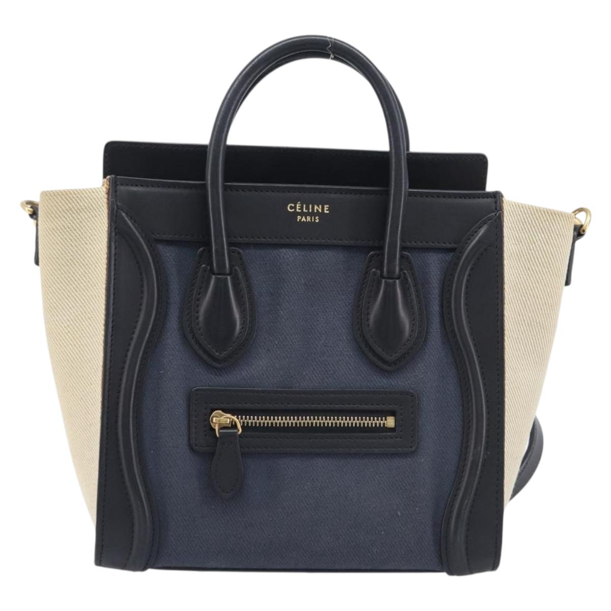 CELINE Luggage Nano Shopper Hand Bag Canvas 2way Navy Black Auth ka6779A