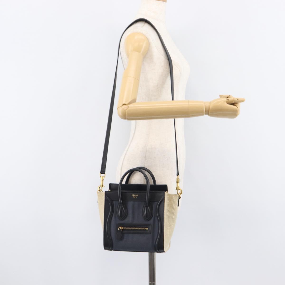 CELINE Luggage Nano Shopper Hand Bag Canvas 2way Navy Black Auth ka6779A