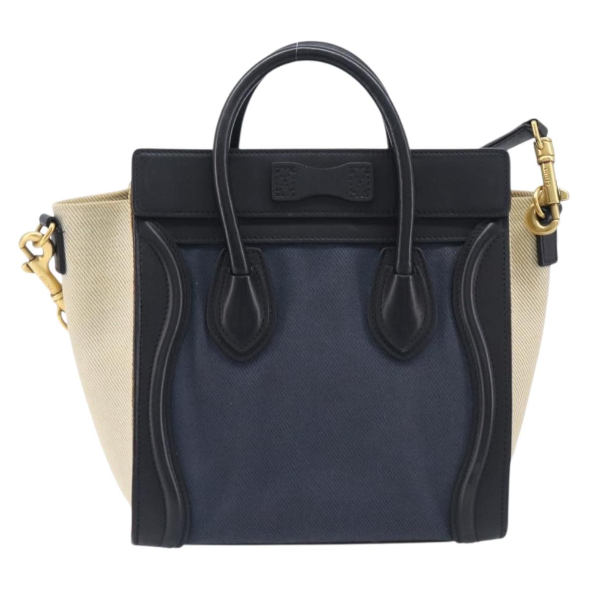 CELINE Luggage Nano Shopper Hand Bag Canvas 2way Navy Black Auth ka6779A