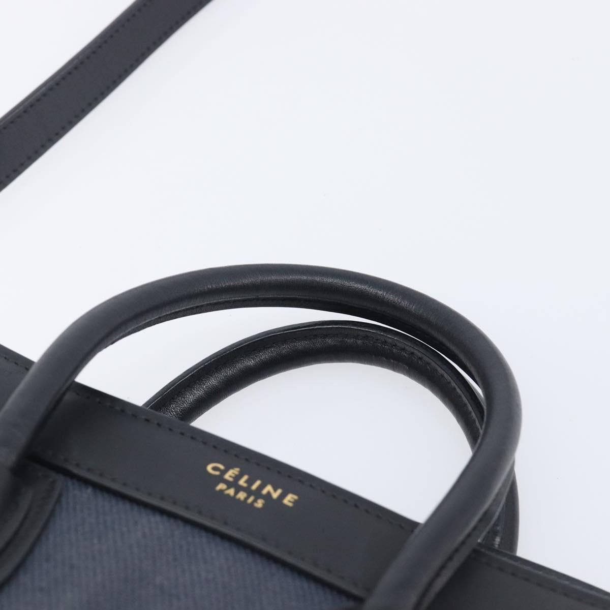 CELINE Luggage Nano Shopper Hand Bag Canvas 2way Navy Black Auth ka6779A
