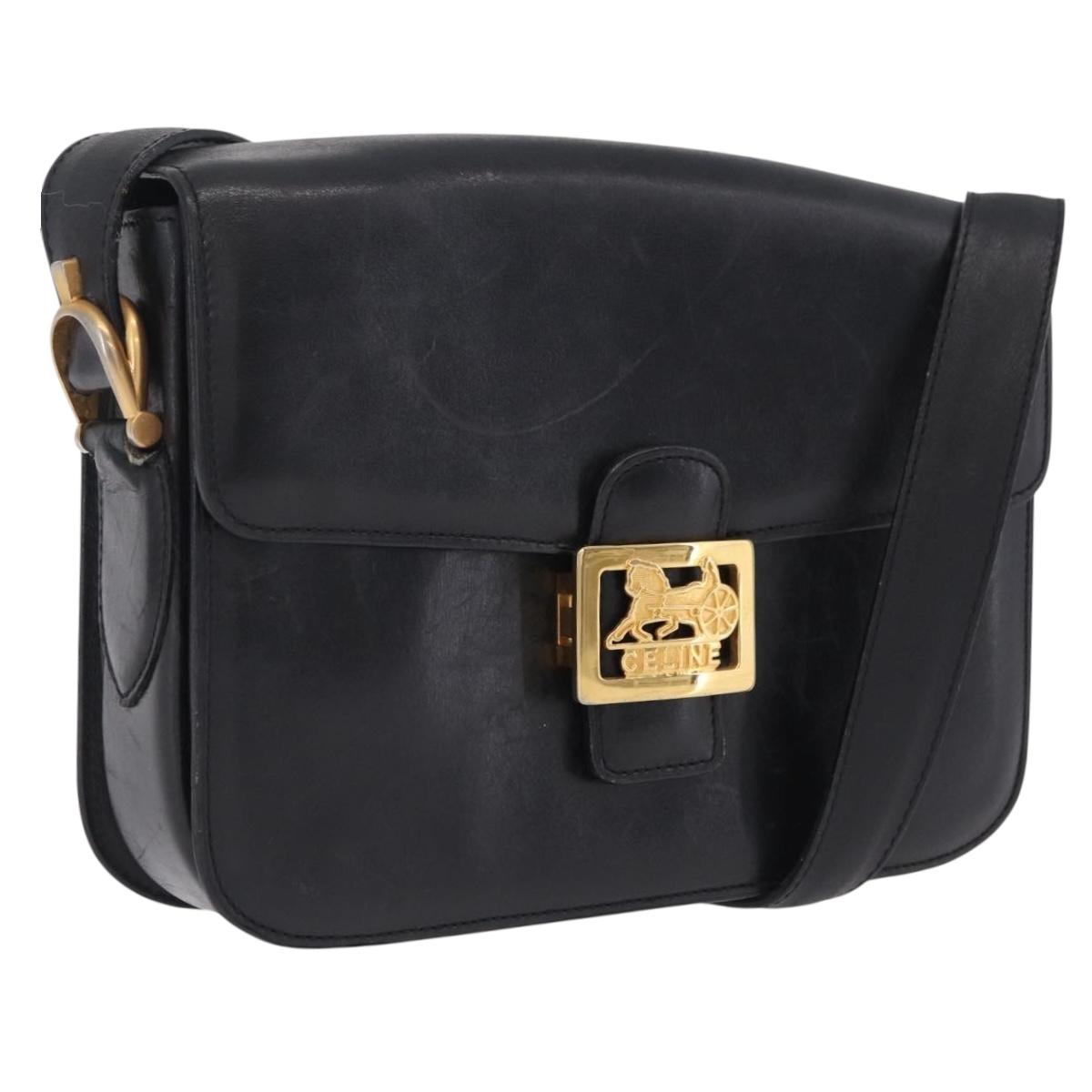 CELINE Horse Carriage Shoulder Bag Leather Black Gold Auth ka6798