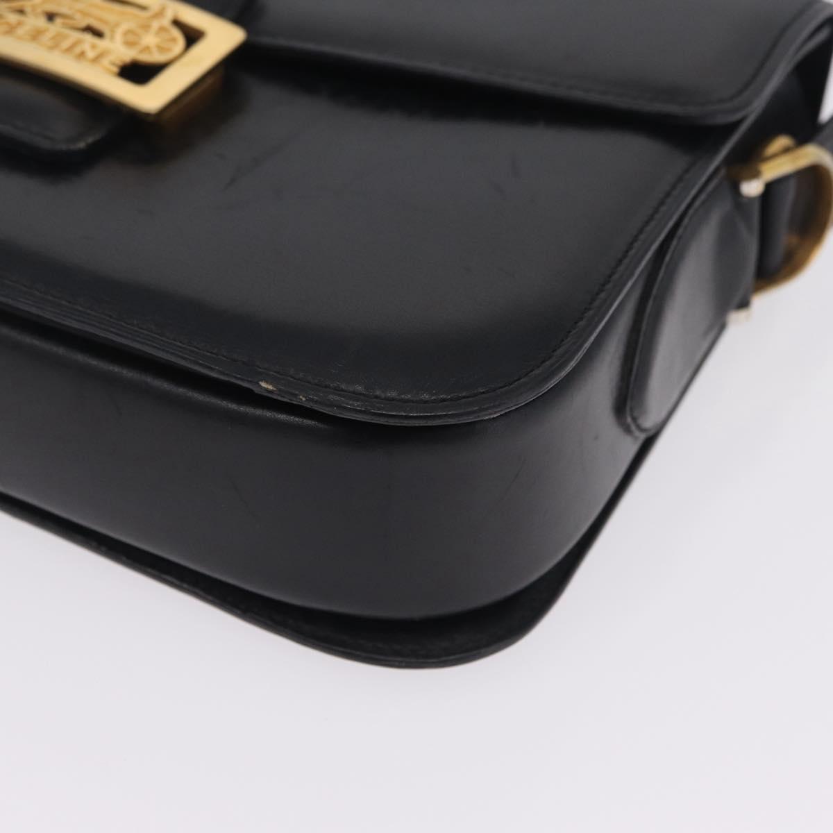 CELINE Horse Carriage Shoulder Bag Leather Black Gold Auth ka6798