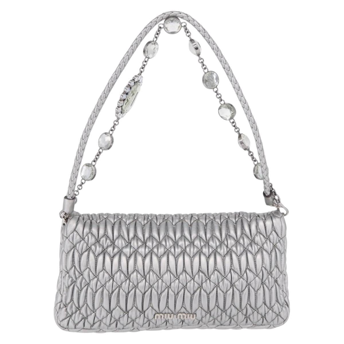Miu Miu Matelasse Shoulder Bag Leather Silver Auth ka6801V
