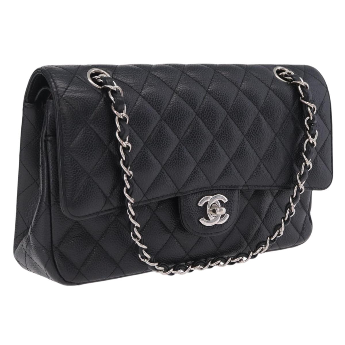 CHANEL Double Flap Chain Matelasse 25 Bag Caviar Skin Black CC Auth ka6806SAM