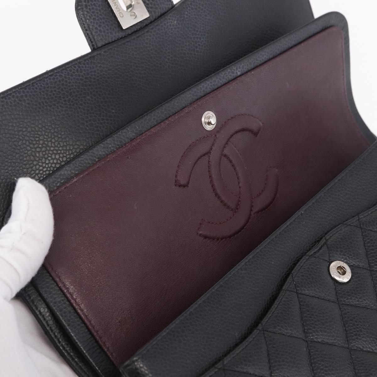 CHANEL Double Flap Chain Matelasse 25 Bag Caviar Skin Black CC Auth ka6806SAM
