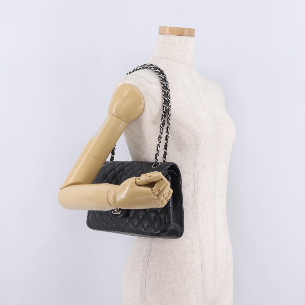 CHANEL Double Flap Chain Matelasse 25 Bag Caviar Skin Black CC Auth ka6806SAM
