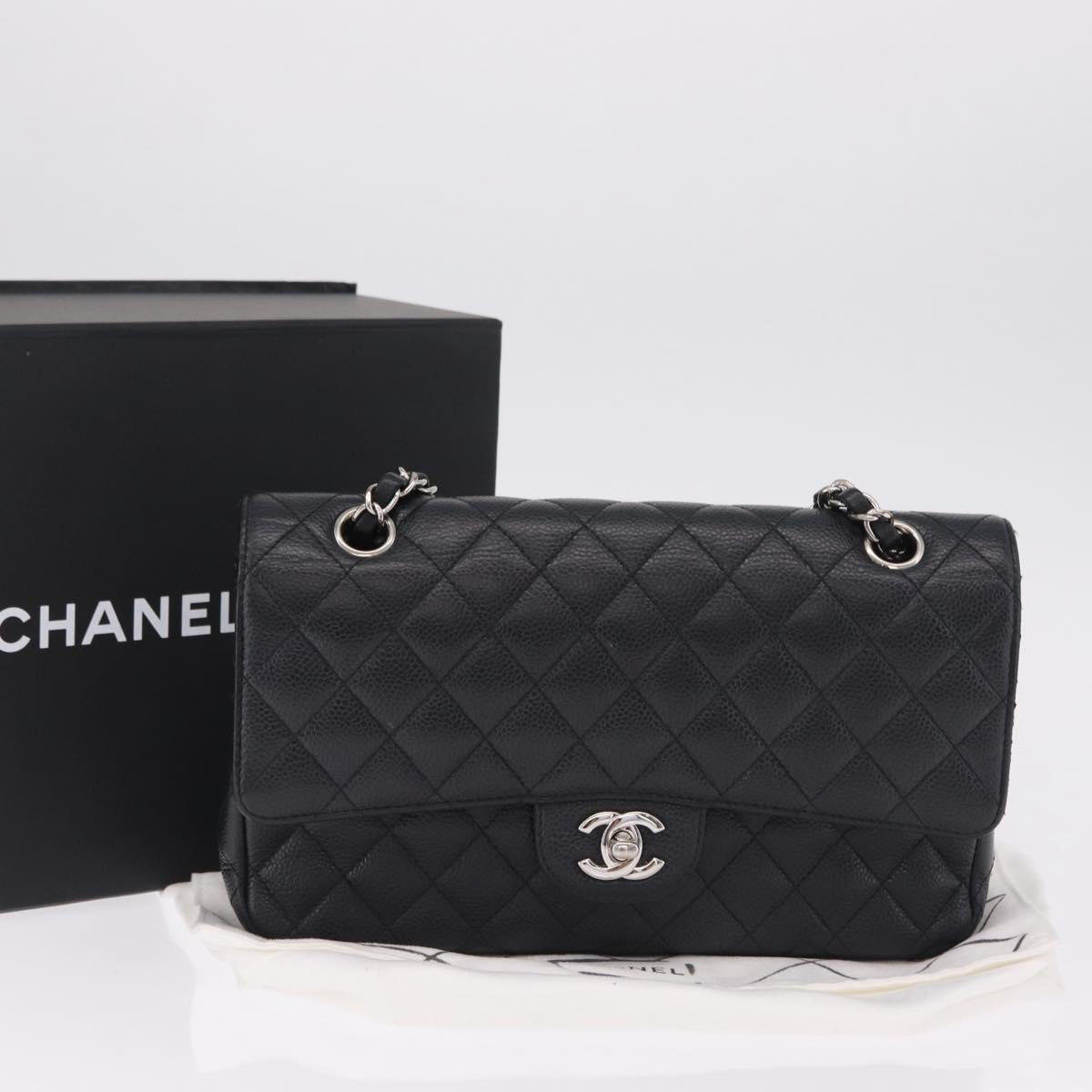 CHANEL Double Flap Chain Matelasse 25 Bag Caviar Skin Black CC Auth ka6806SAM