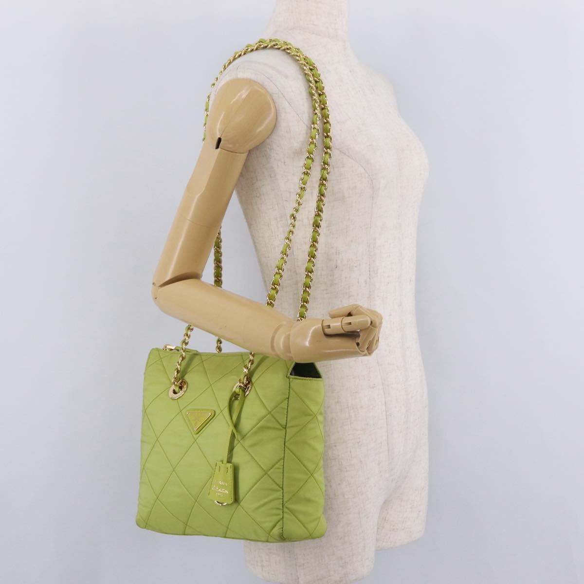 PRADA Chain Shoulder Bag Nylon LIme Green Gold Auth ka6808V
