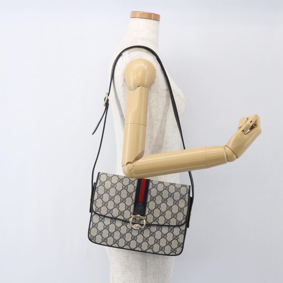 GUCCI GG Supreme Sherry Line Shoulder Bag PVC Navy Gold Auth ka681