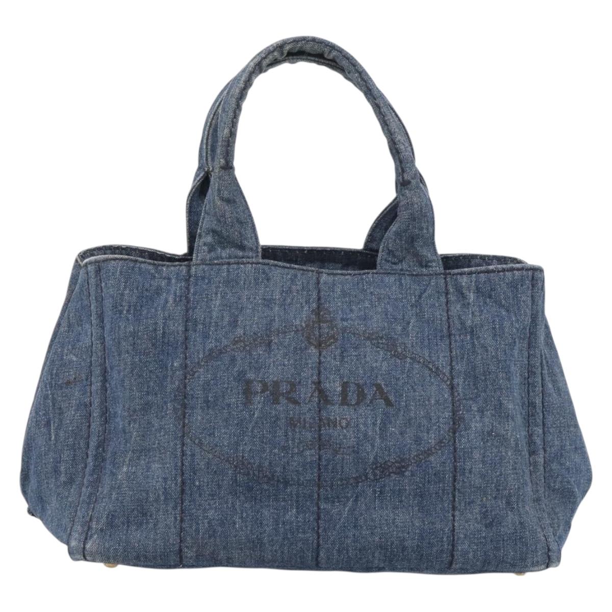 PRADA Canapa MM Hand Bag Denim Blue Gold Auth ka6817