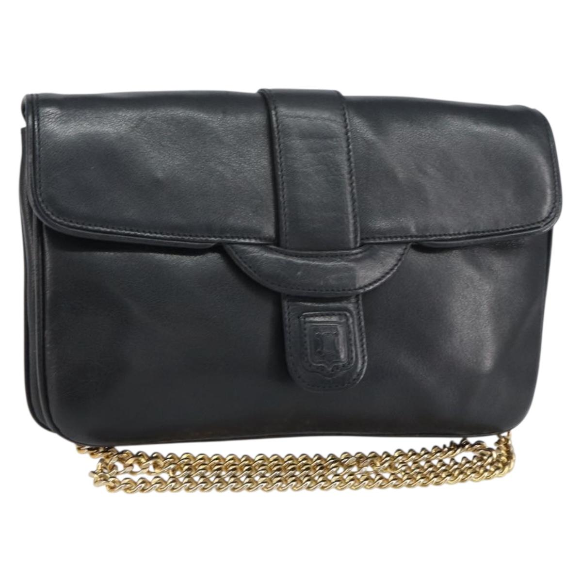 CELINE Chain Shoulder Bag Leather Black Gold Auth ka682