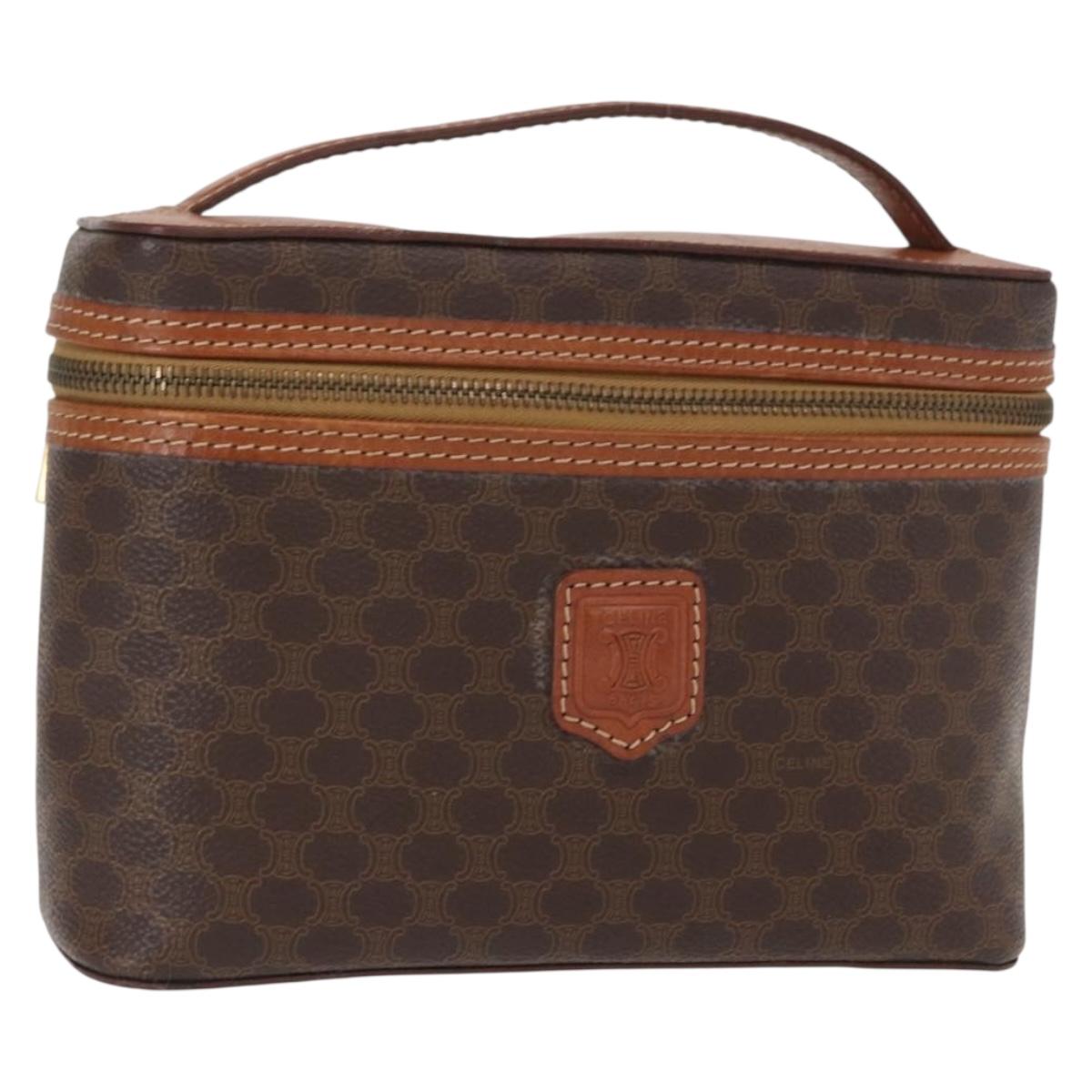 CELINE Macadam Canvas Vanity Pouch PVC Leather Brown Gold Auth ka683
