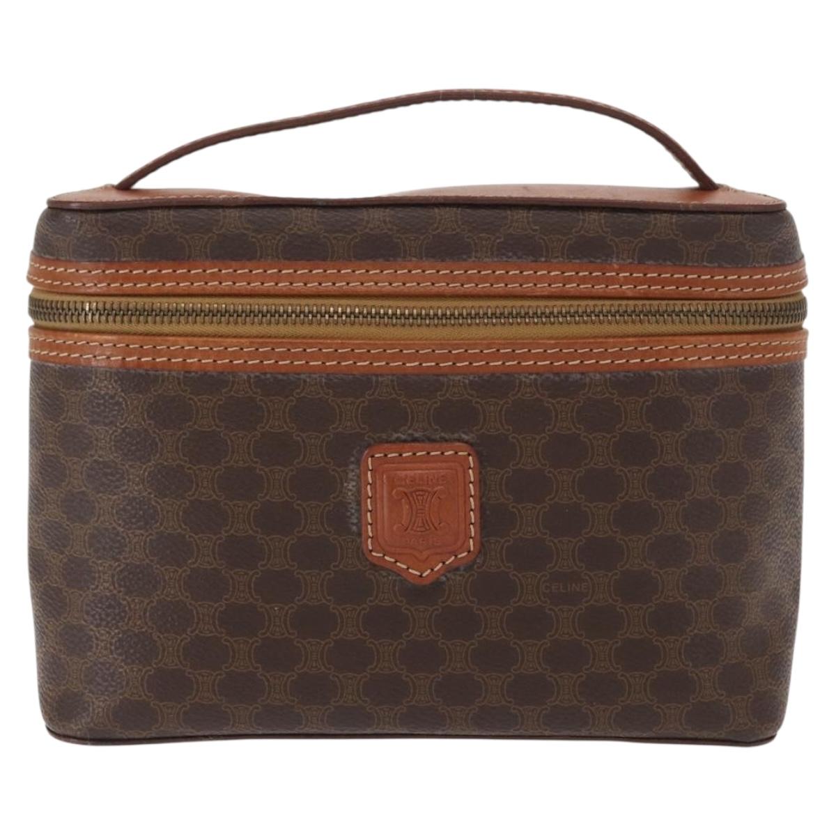 CELINE Macadam Canvas Vanity Pouch PVC Leather Brown Gold Auth ka683