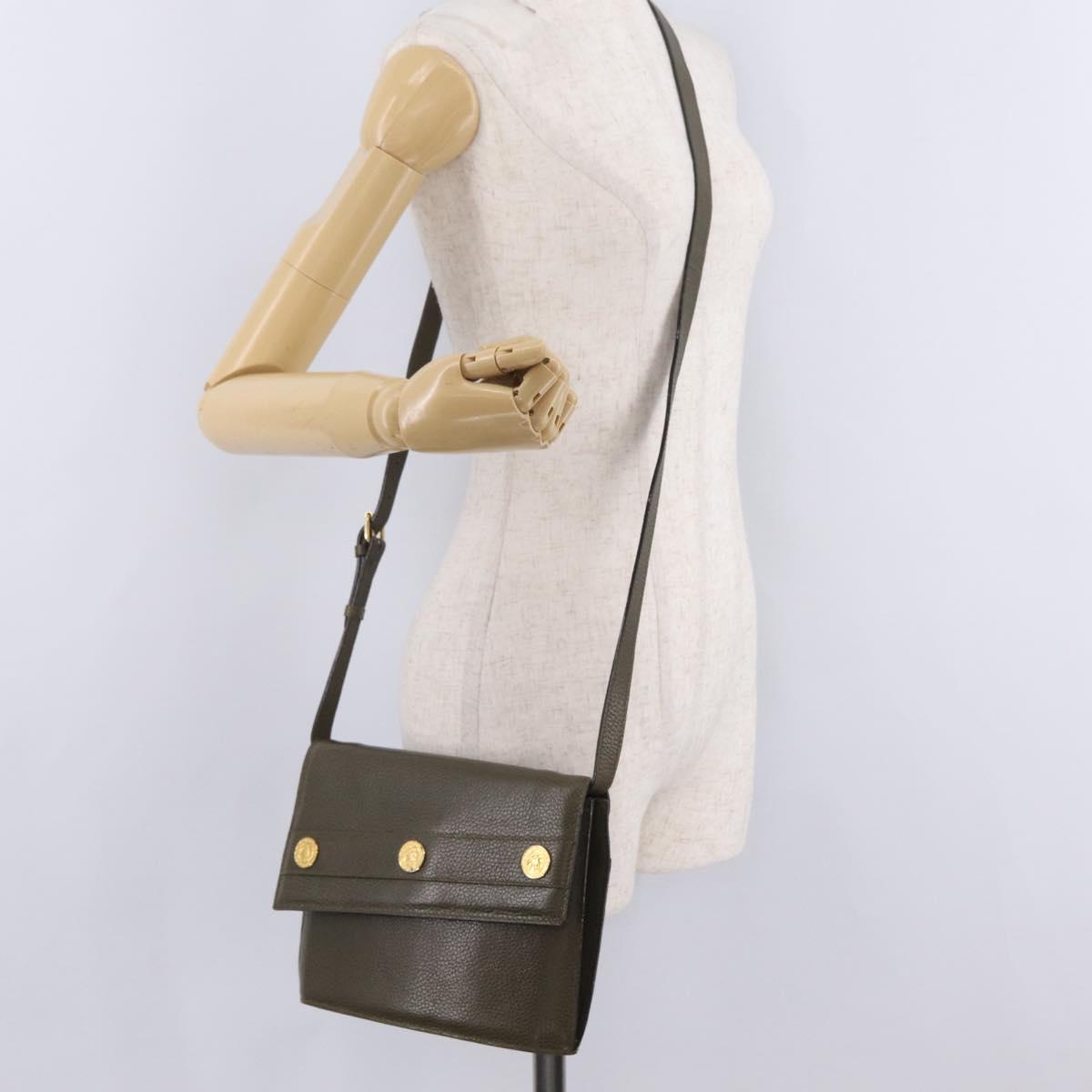 CELINE Shoulder Bag Leather Khaki Gold Auth ka6840