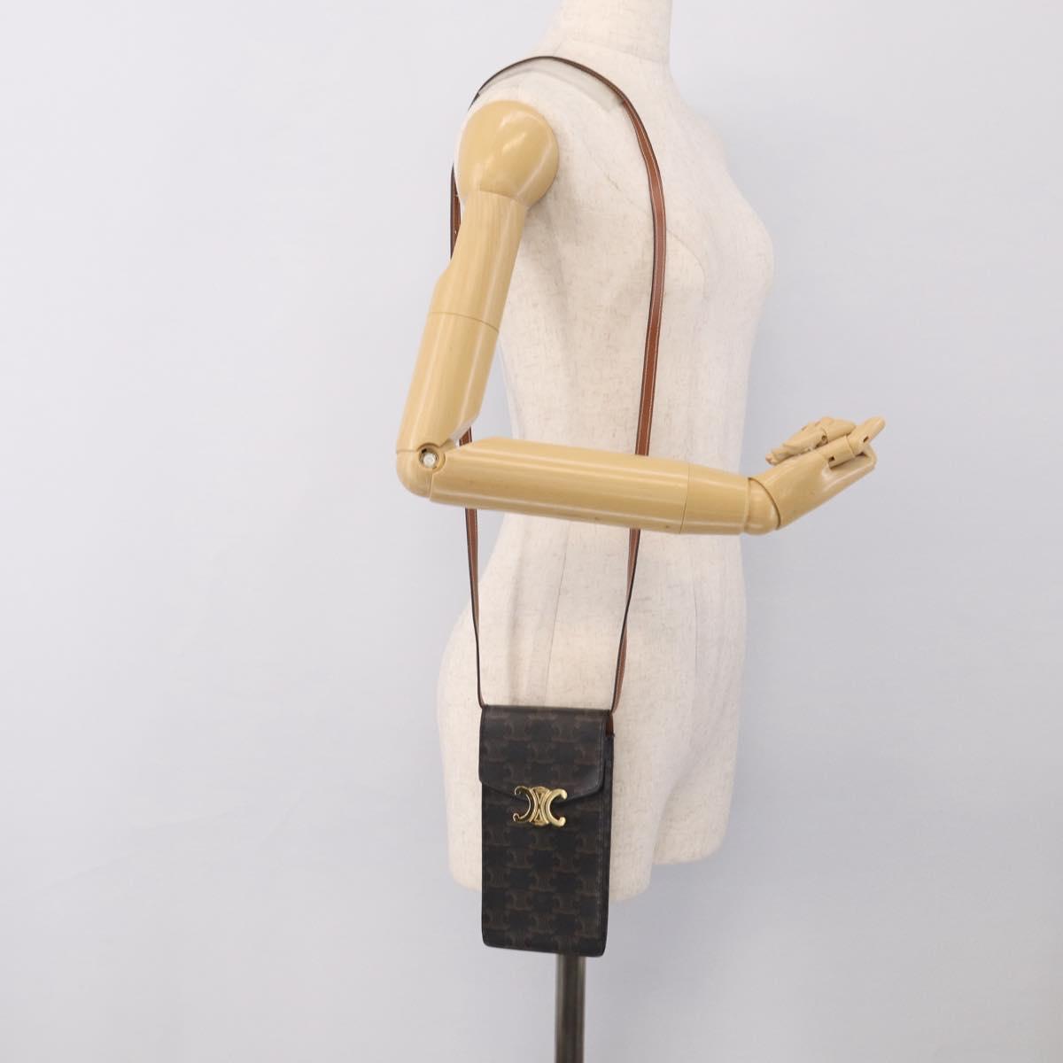 CELINE Macadam Canvas Triomphe Vertical Mobile Pouch PVC Brown Gold Auth ka6842