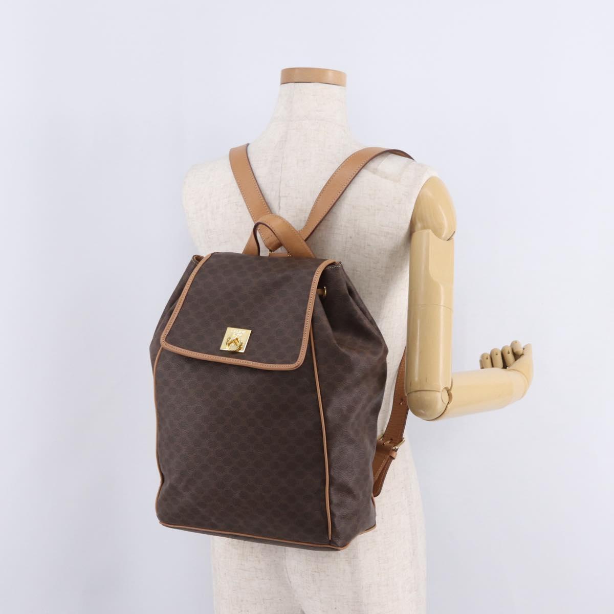 CELINE Macadam Canvas Backpack PVC Leather Brown Gold Auth ka6855A