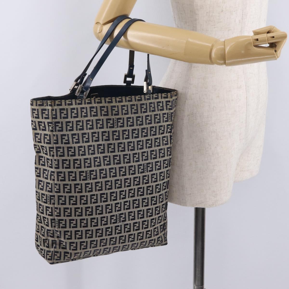 FENDI Zucchino Tote Bag Navy Silver Auth ka6858