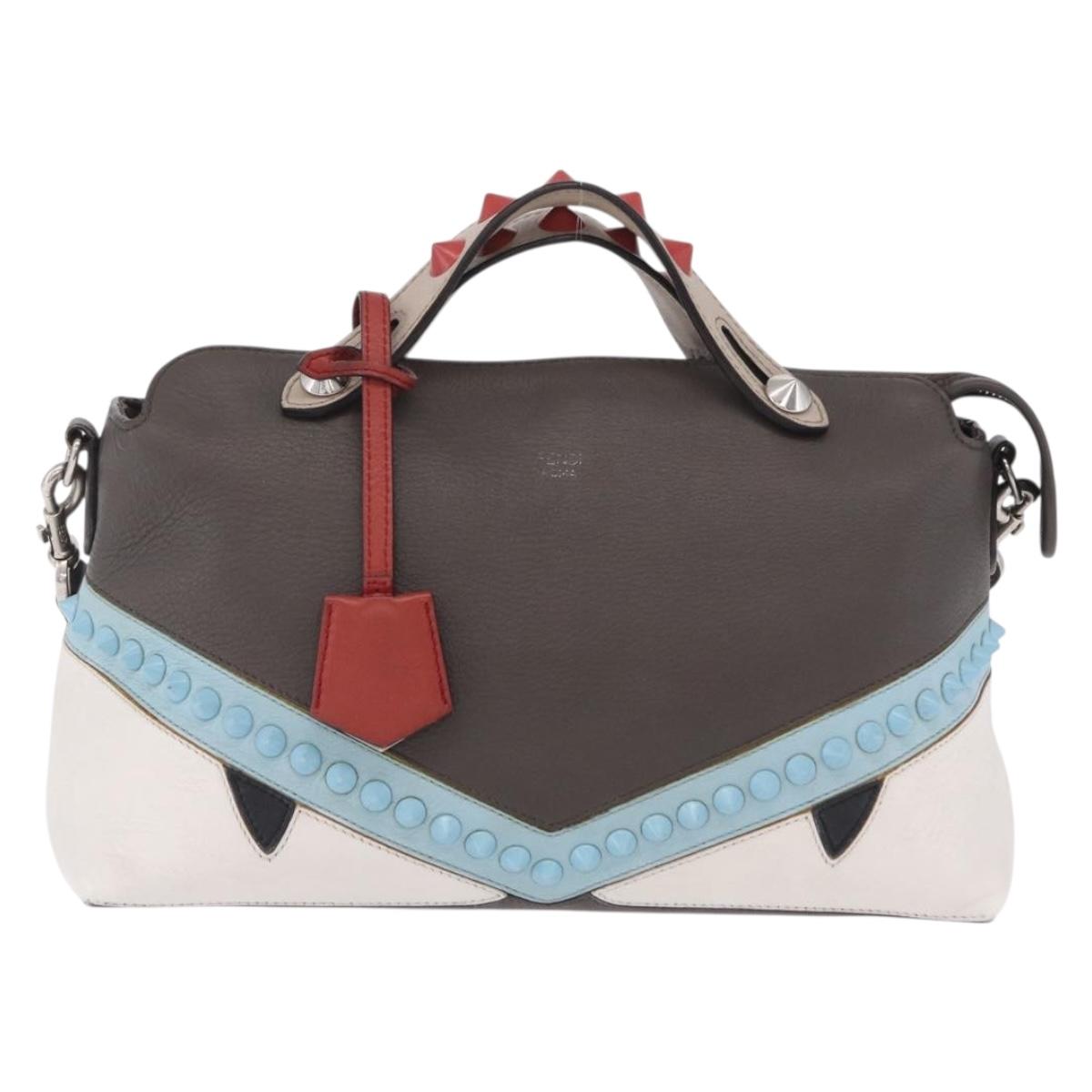 FENDI By The Way Shoulder Bag Leather Beige Silver Auth ka6871A