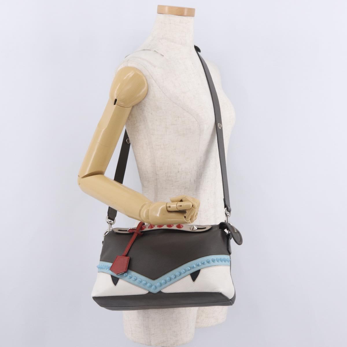 FENDI By The Way Shoulder Bag Leather Beige Silver Auth ka6871A