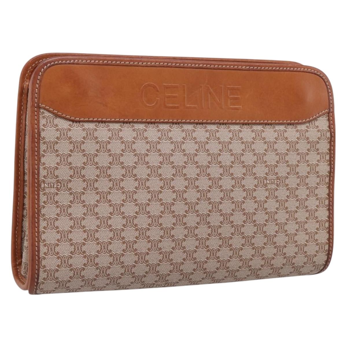 CELINE Macadam Canvas Clutch Bag PVC Beige Gold Auth ka6872