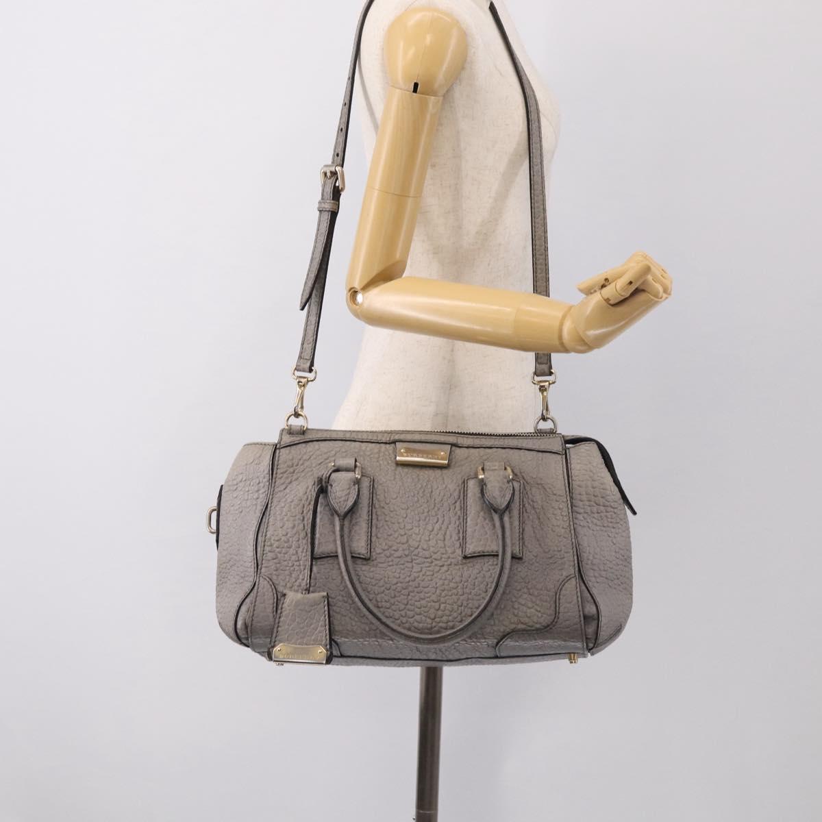 BURBERRY Hand Bag Leather 2way Gray Gold Auth ka6879