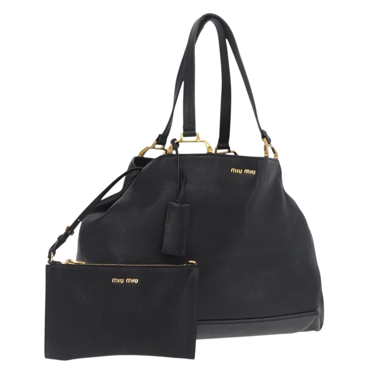 Miu Miu Tote Bag Leather Black Gold Auth ka6883V