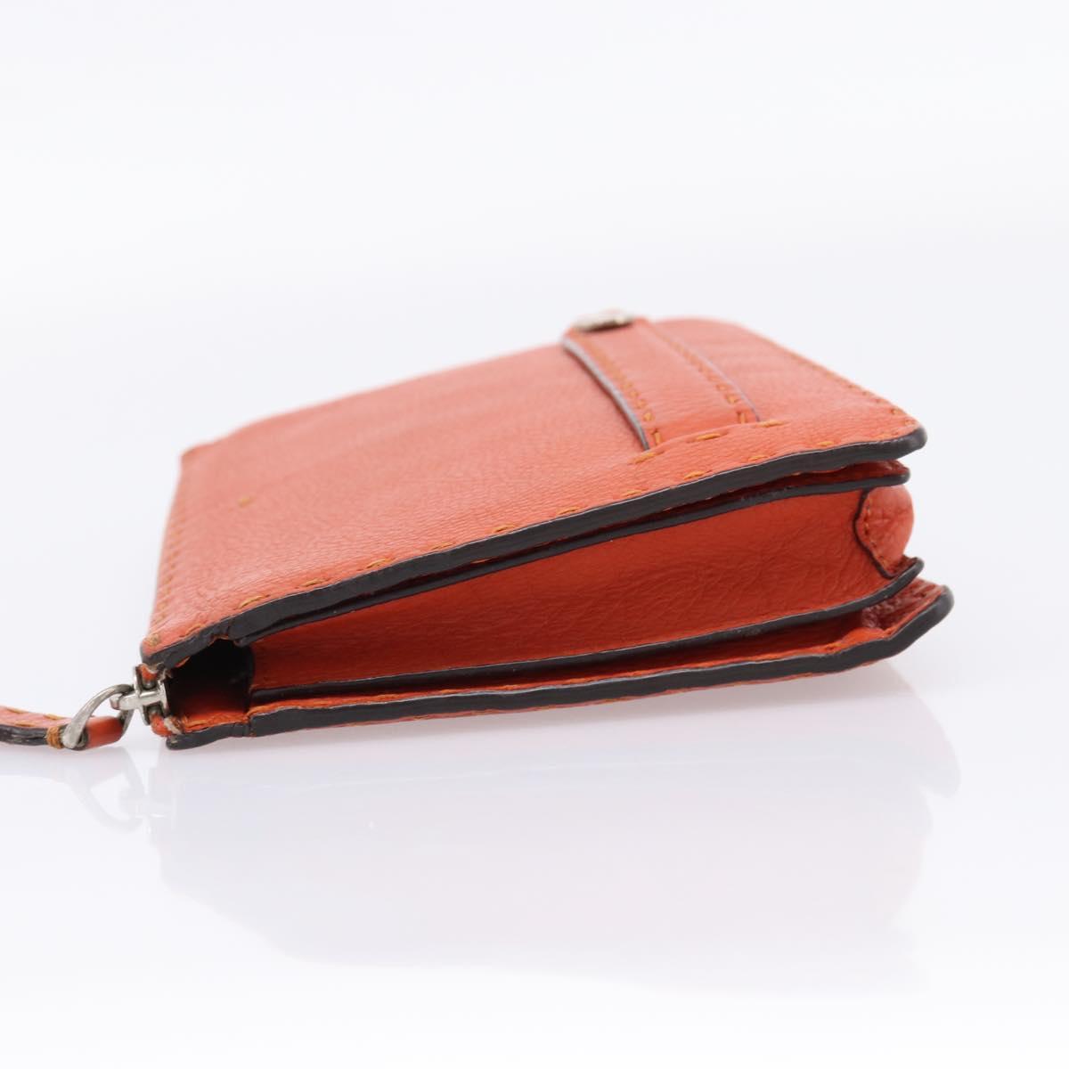 FENDI Celeria Clutch Bag Leather Orange Silver Auth ka6886