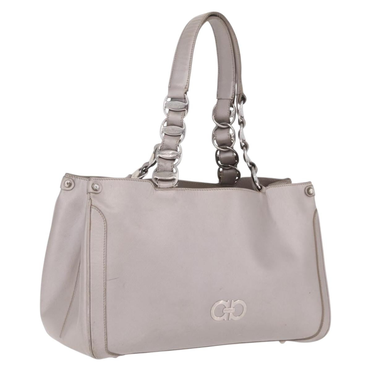 Salvatore Ferragamo Gancini Tote Bag Leather Beige Silver Auth ka6889