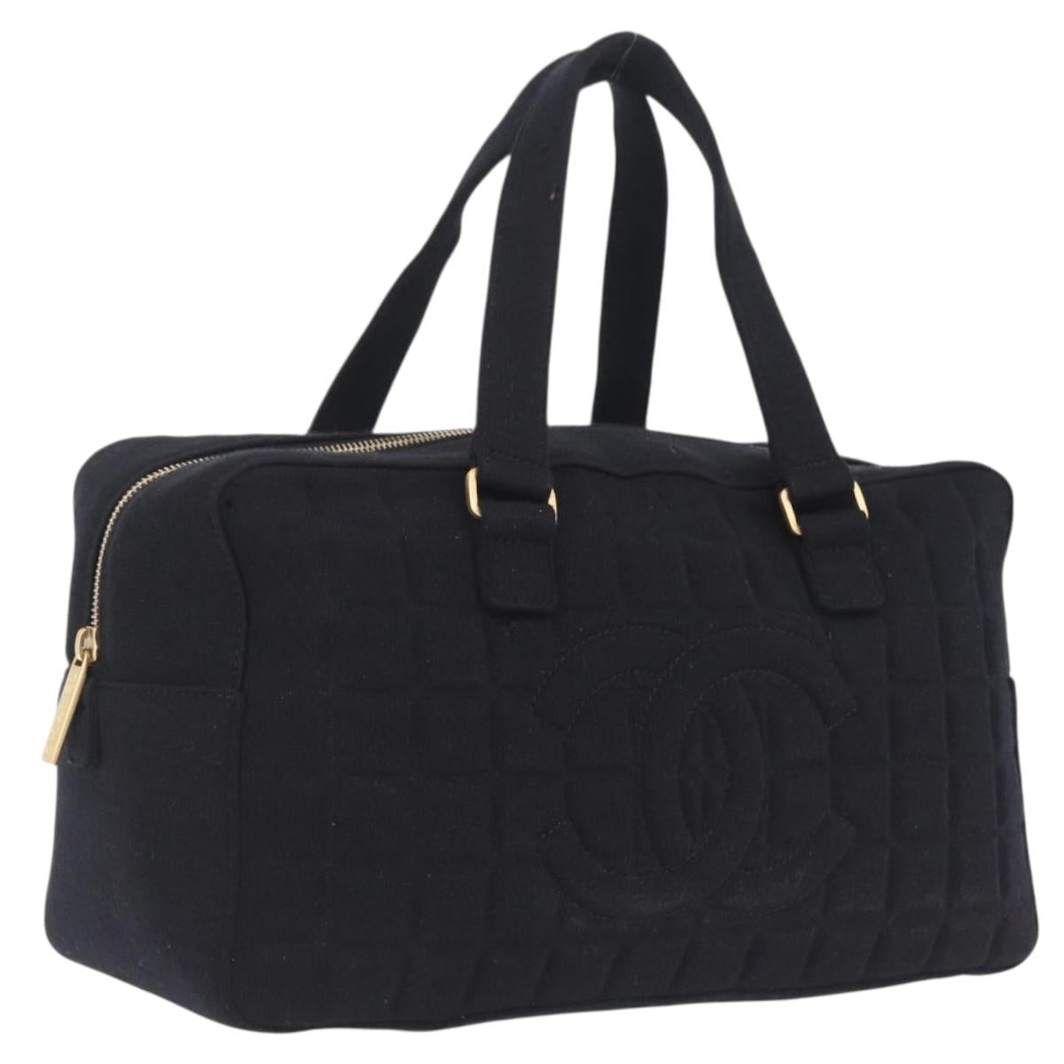 CHANEL Choco Bar Hand Bag Cotton Black Gold CC Auth ka6894
