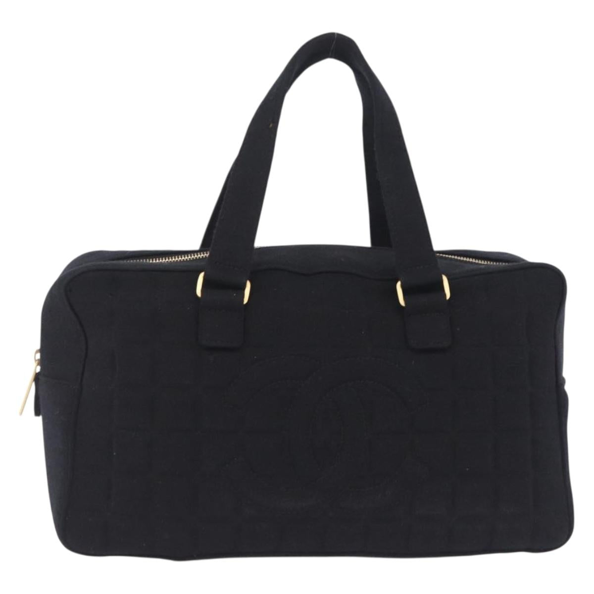 CHANEL Choco Bar Hand Bag Cotton Black Gold CC Auth ka6894