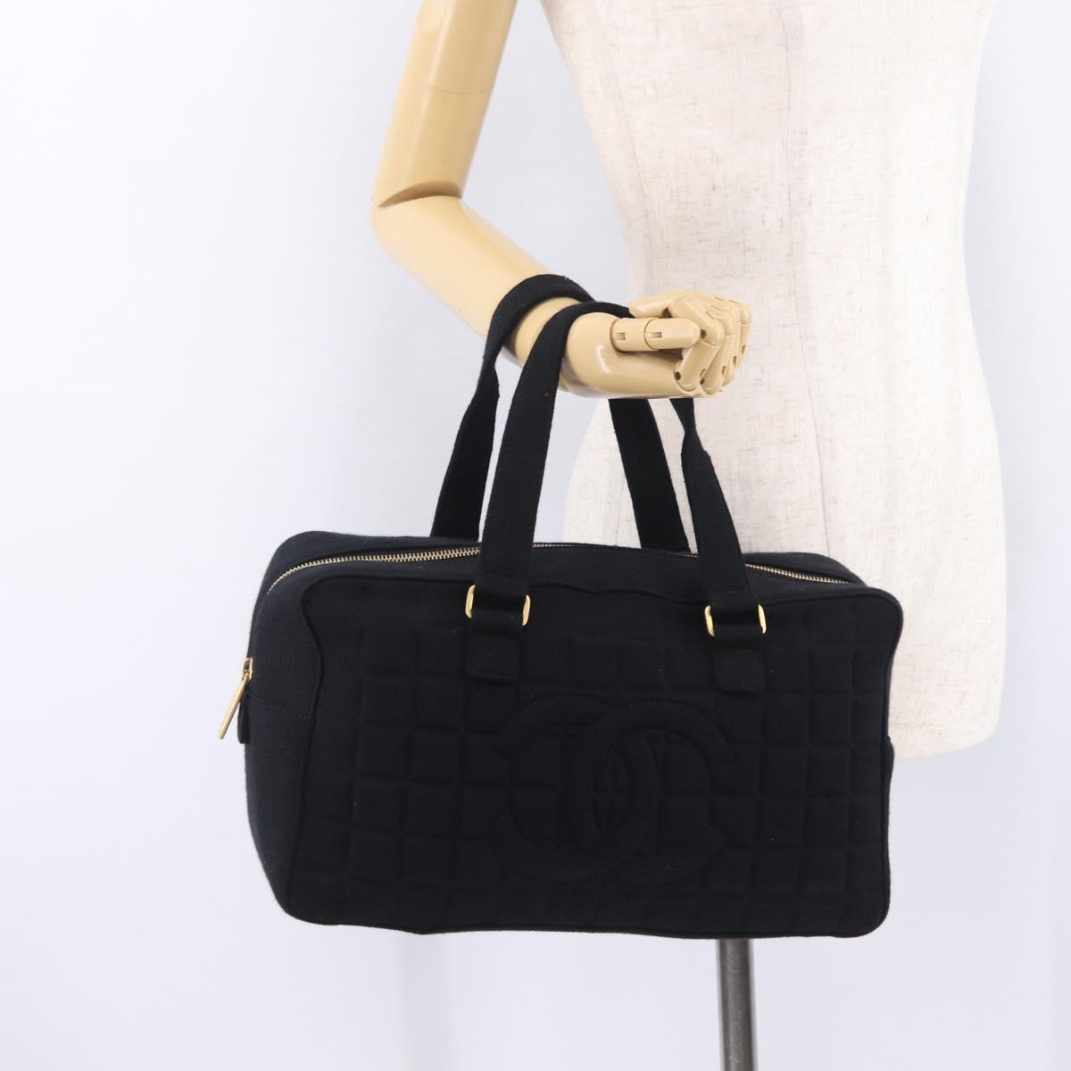 CHANEL Choco Bar Hand Bag Cotton Black Gold CC Auth ka6894