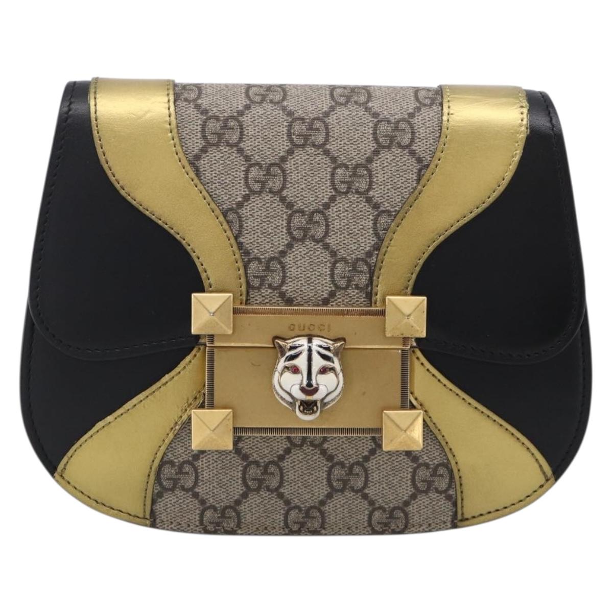 GUCCI GG Supreme Ojiride Bag Leather PVC Leather Beige Black 500781 Auth ka6900A