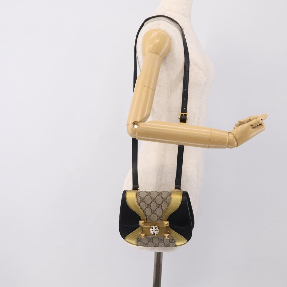 GUCCI GG Supreme Ojiride Bag Leather PVC Leather Beige Black 500781 Auth ka6900A