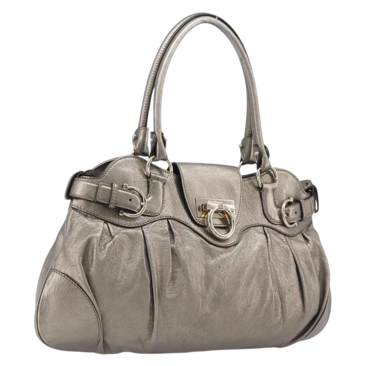 Salvatore Ferragamo Gancini Hand Bag Leather Gold Auth ka6904A