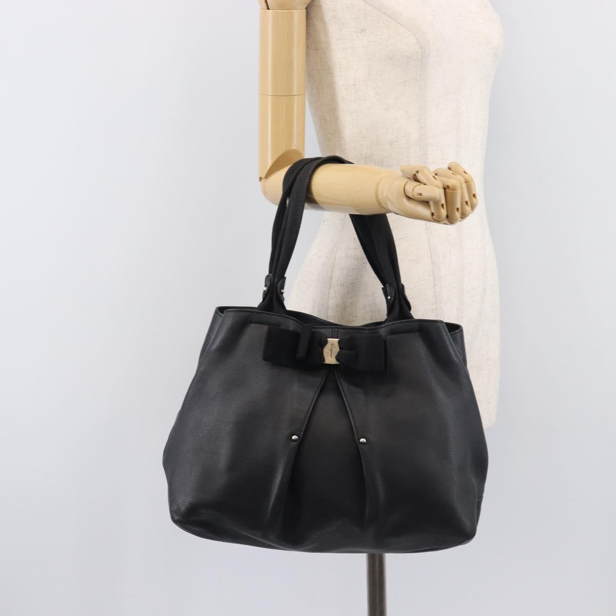 Salvatore Ferragamo Vara Ribbon Hand Bag Leather Black Gold Auth ka6913