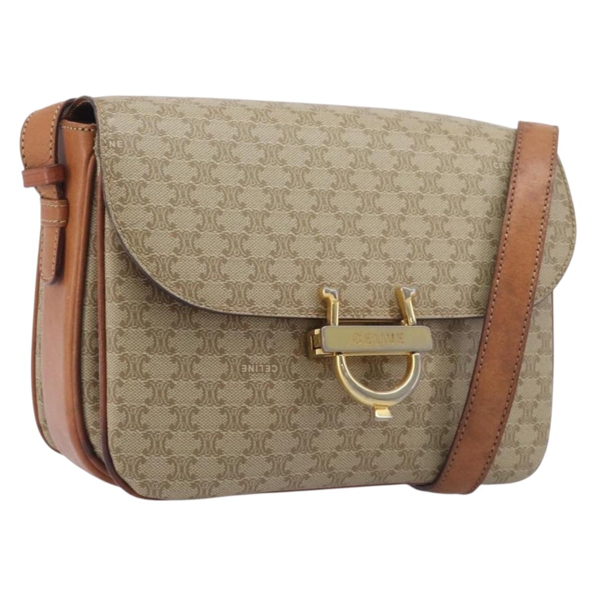 CELINE Macadam Canvas Shoulder Bag PVC Beige Gold Auth ka6919