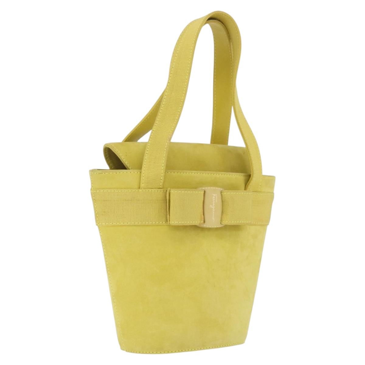 Salvatore Ferragamo Vara Ribbon Hand Bag Suede Yellow Silver Auth ka6920