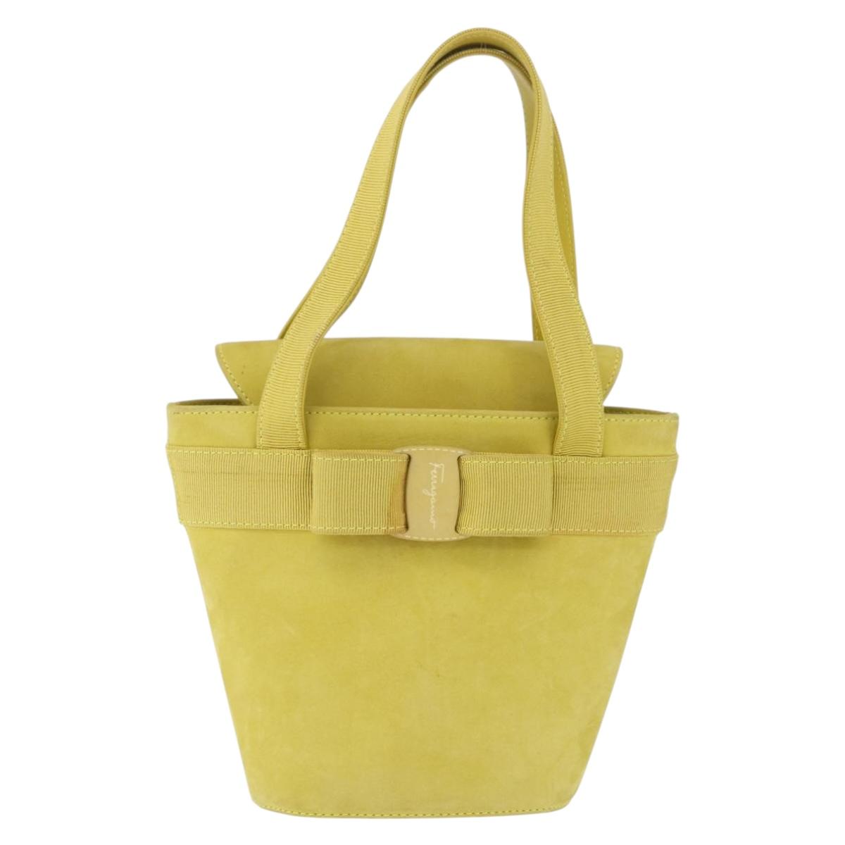 Salvatore Ferragamo Vara Ribbon Hand Bag Suede Yellow Silver Auth ka6920